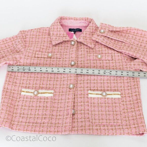 Pink Tweed Pearl Button Cropped Jacket L Blazer Preppy Academia Coastal Grandma - Picture 10 of 13
